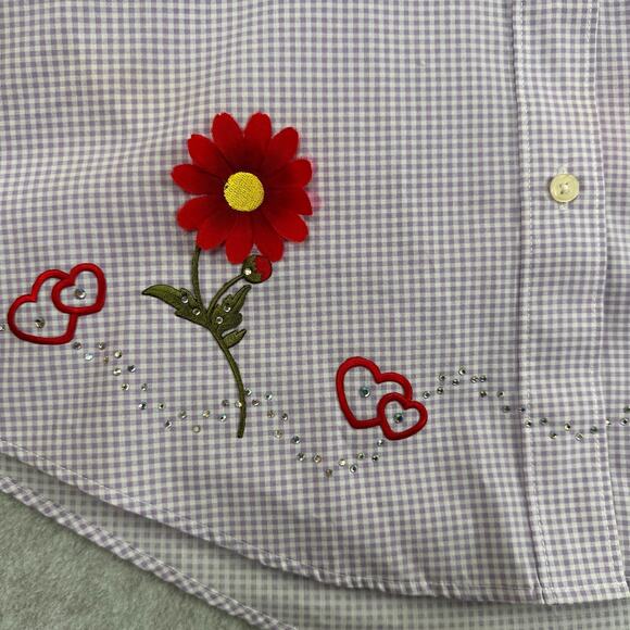 Hot Dames Red Hat Society Button Up Shirt Size M Gingham Purple Red Appliqué - Picture 5 of 8